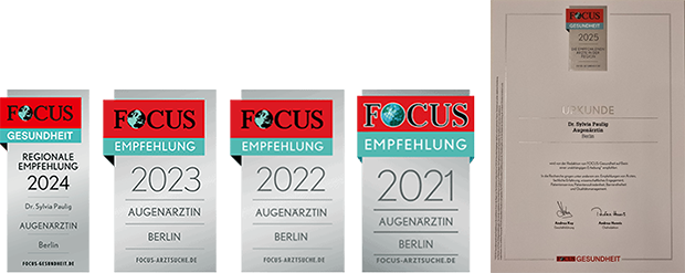 Vier Auszeichnungen "Focus Empfehlung" und ein Zertifikat "Focus Gesundheit" für Augenärztin.